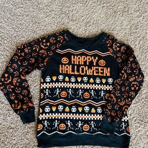 Halloween Themed Sweater with Pumpkin and Skeleton Design